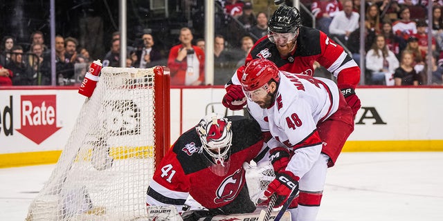 Vitek Vanecek saves puck