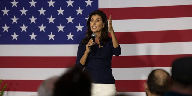 Nikki Haley in front of American flag