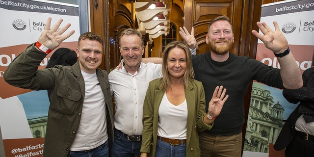 Sinn Fein local politicians celebrate elections results at Belfast City Hall