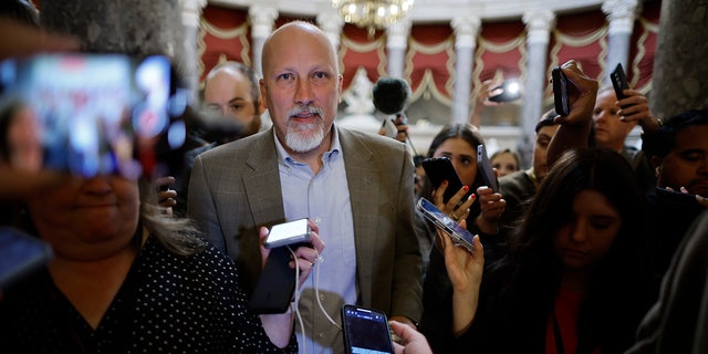 Chip Roy surrounded by media in the Capitol