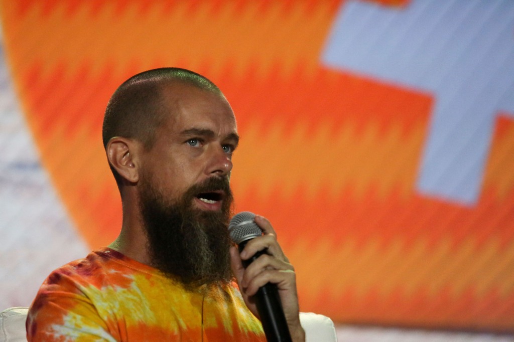 Jack Dorsey creator, co-founder, and Chairman of Twitter and co-founder & CEO of Square, speaks during the crypto-currency conference Bitcoin 2021 Convention at the Mana Convention Center in Miami, Florida, on June 4, 2021.