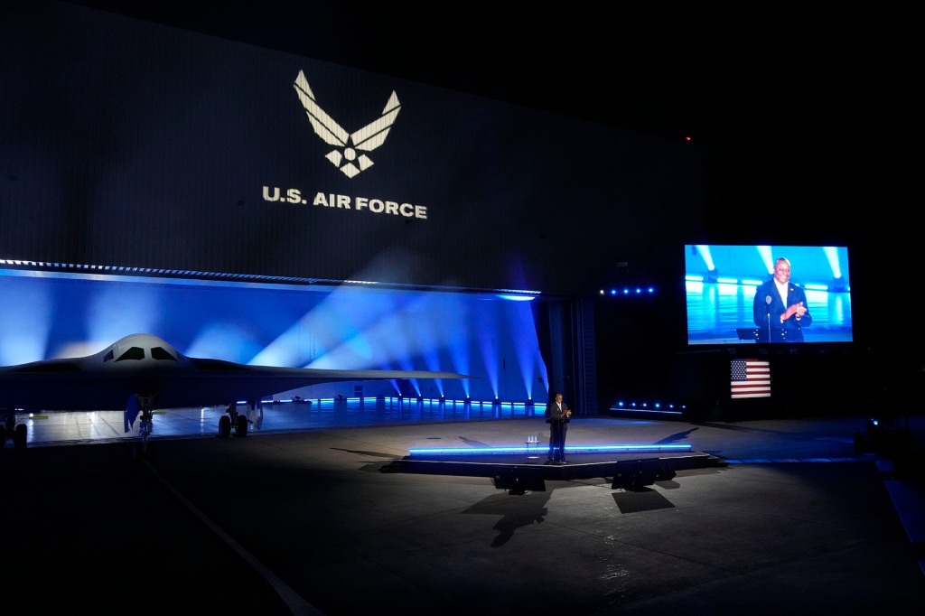 Secretary of Defense Lloyd Austin introduces the B-21 Raider stealth bomber at Northrop Grumman Dec. 2, 2022, in Palmdale, Calif. 