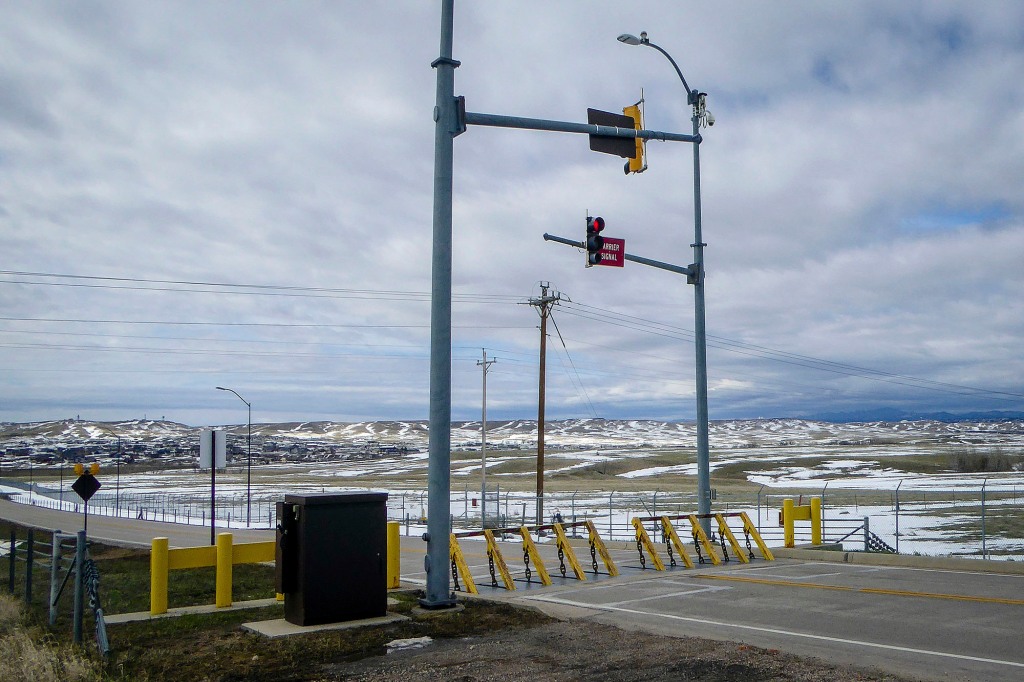 An emergency vehicle barrier at Ellsworth Air Force Base in Rapid City, S.D., on May 2, 2019.