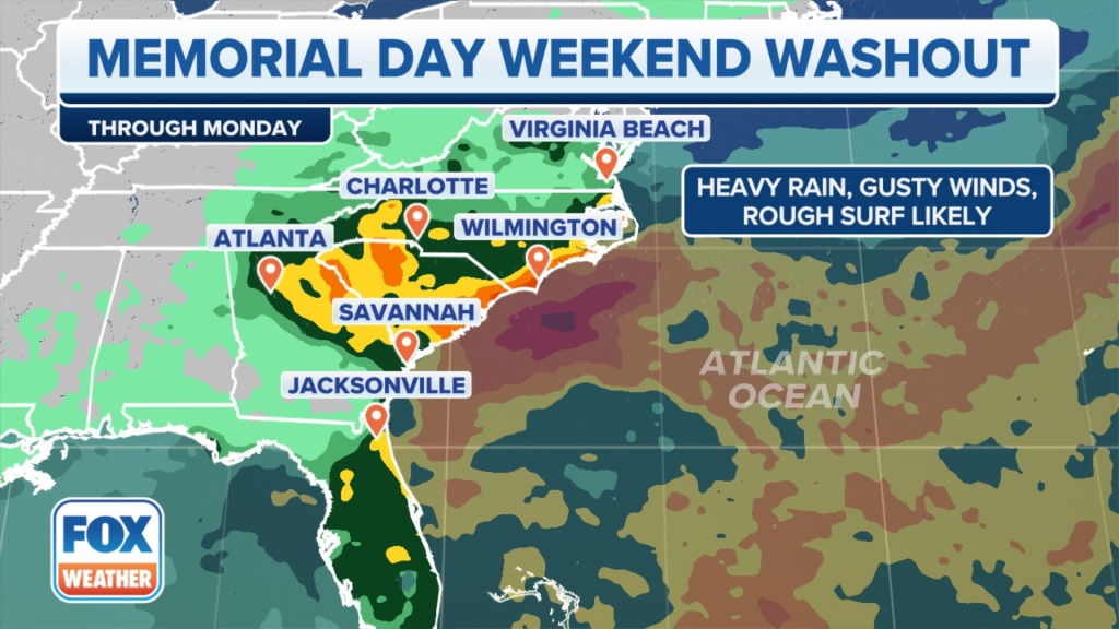 Regardless of tropical development, a period of heavy rain, rough surf and gusty winds will impact coastal regions of the Southeast later this week and into the Memorial Day weekend.