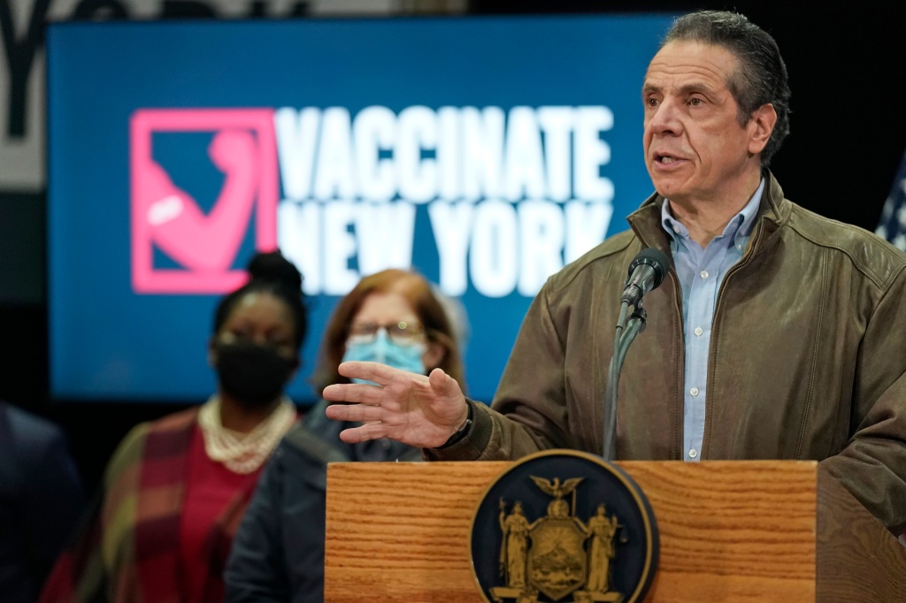 New York Gov. Andrew Cuomo speaks during a press conference before the opening of a mass COVID-19 vaccination site in the Queens 