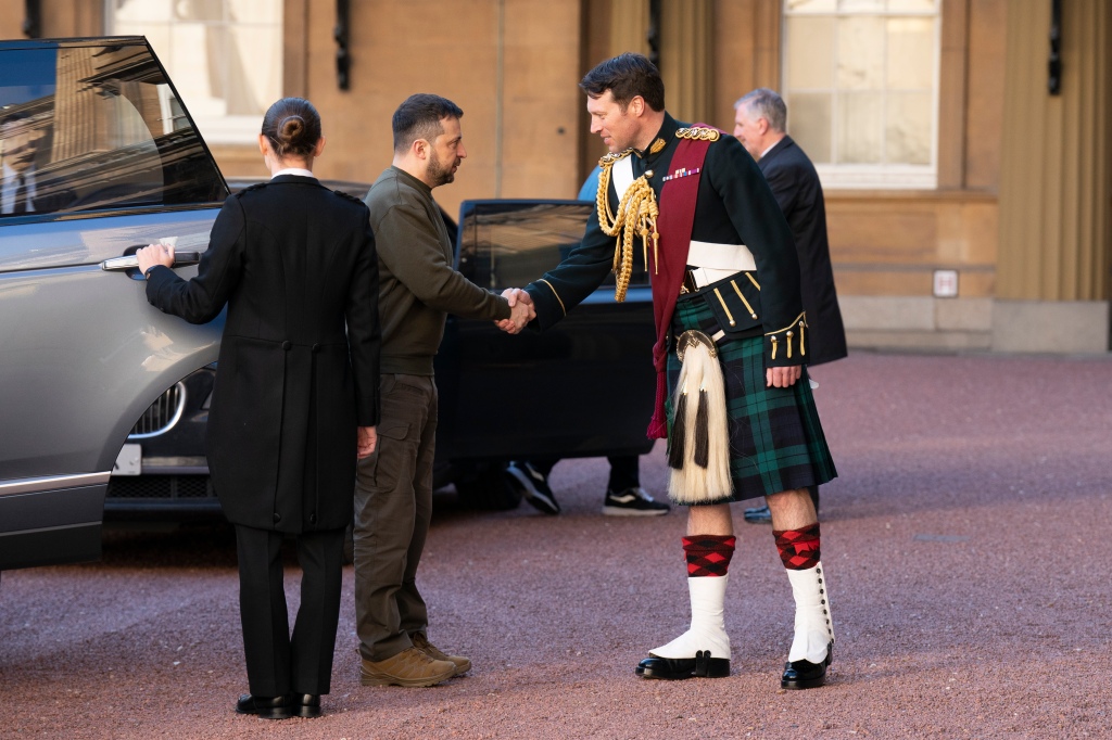 Thompson is seen greeting Ukrainian president Zelensky back in February.