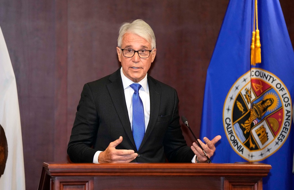 Los Angeles County District Attorney George Gascon speaks during a news conference to announce charges against Carlos Medina accused of murdering Auxiliary Bishop David O'Connell Wednesday, Feb. 22, 2023, in Los Angeles.