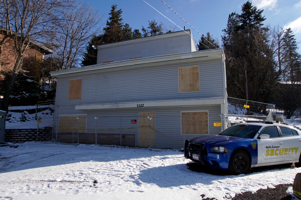 The house where four University of Idaho students were murdered in Moscow, Idaho is boarded up and fenced off.