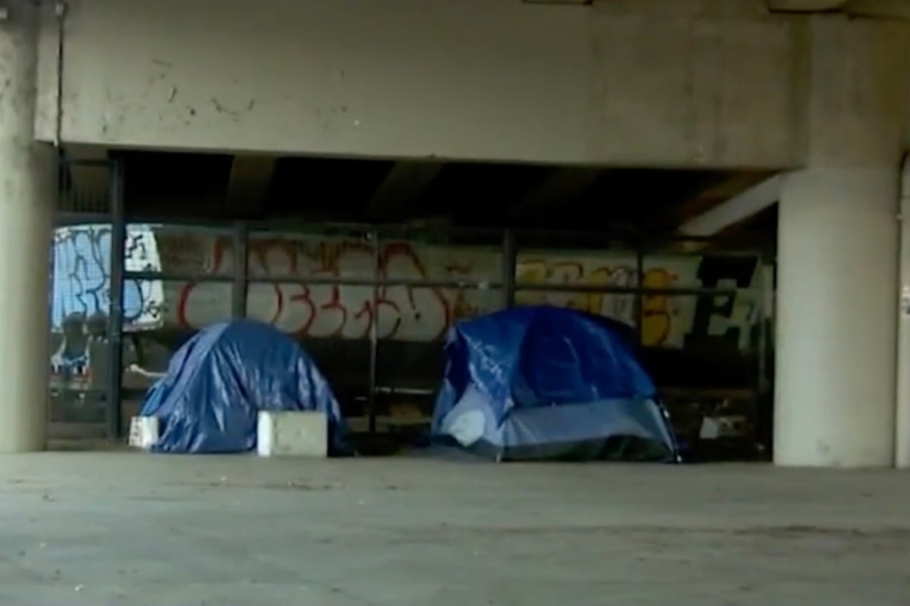 Two homeless tents under a bridge.