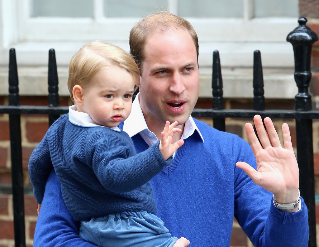 Prince George and Prince William wave before visiting Kate Middleton in the hospital after she gave birth to Princess Charlotte in 2015.