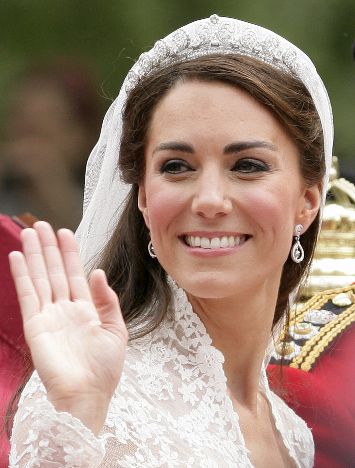 Kate Middleton in her tiara and wedding regalia on her wedding day in April 2011. 