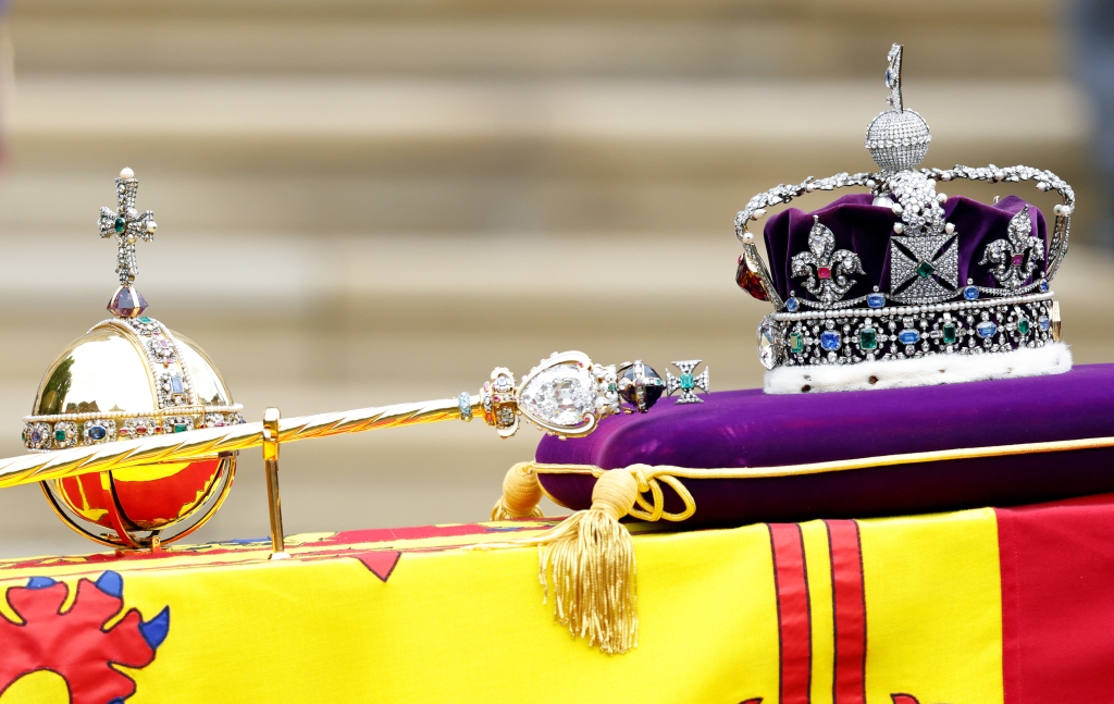 Queen's coffin up close with crown and orb