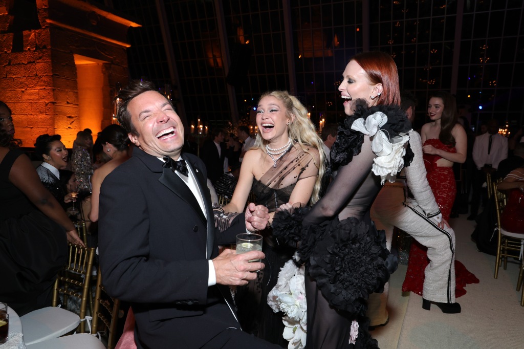 (L-R) Jimmy Fallon, Gigi Hadid, and Karen Elson attend The 2023 Met Gala Celebrating "Karl Lagerfeld: A Line Of Beauty" on May 1.
