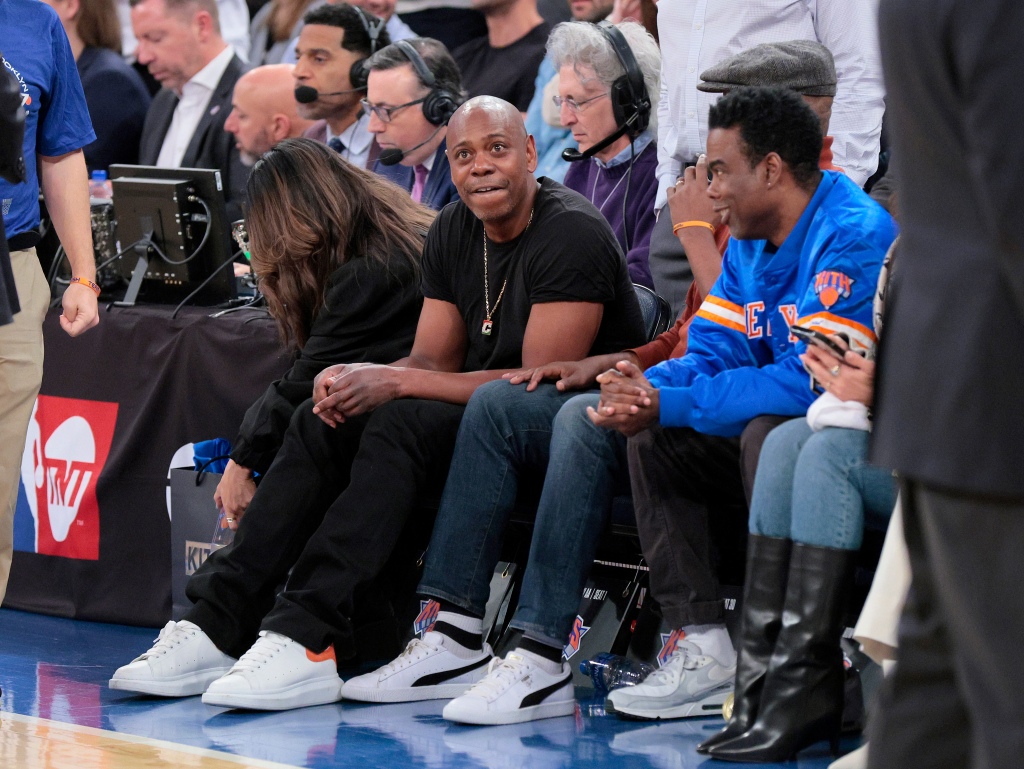 Dave Chappelle and Chris Rock sit courtside during the Knicks-Heat game at Madison Square Garden on May 2, 2023.