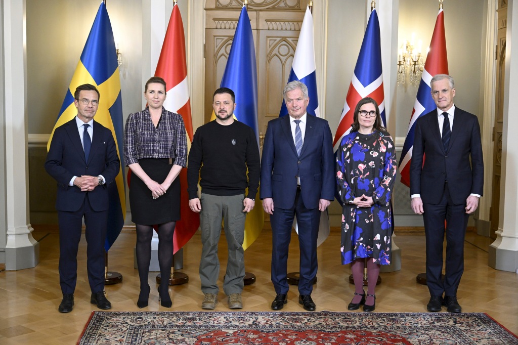 From left, Swedish Prime Minister Ulf Kristersson, Danish Prime Minister Mette Frederiksen, Ukrainian President Volodymyr Zelensky, Finnish President Sauli Niinisto, Icelandic Prime Minister Katrin Jakobsdottir and Norwegian Prime Minister Jonas Gahr Store pose for a family photo during the Nordic-Ukrainian Summit in Helsinki, Finland, Wednesday May 3, 2023. 