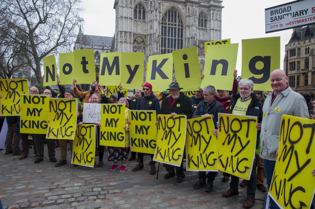 Anti-monarchists from Republic protest opposite Westminster Abbey where King Charles III was attending a Commonwealth Day service on 13 March 2023 in London.