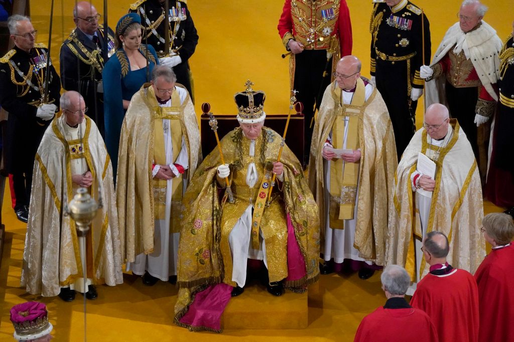 King Charles III receives The St Edward's Crown during his coronation ceremony