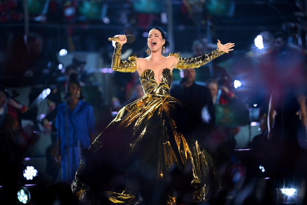 Katy Perry performs on stage during the Coronation Concert on May 07, 2023 in Windsor, England.