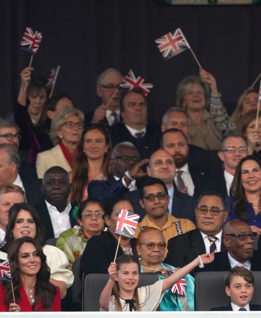 During the "I Kissed a Girl" singer's first number, the camera cut to the royal box and showed the Princess of Wales (center) and her mother Kate Middleton, 41, (left) enthusiastically waving the Union Jack flag will mouthing Perry's catchy lyrics.