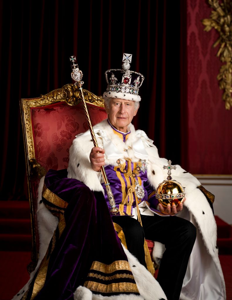 Dressed in the Robe of Estate and wearing the Imperial State Crown, King Charles cuts a striking figure in Buckingham Palace's throne room. 