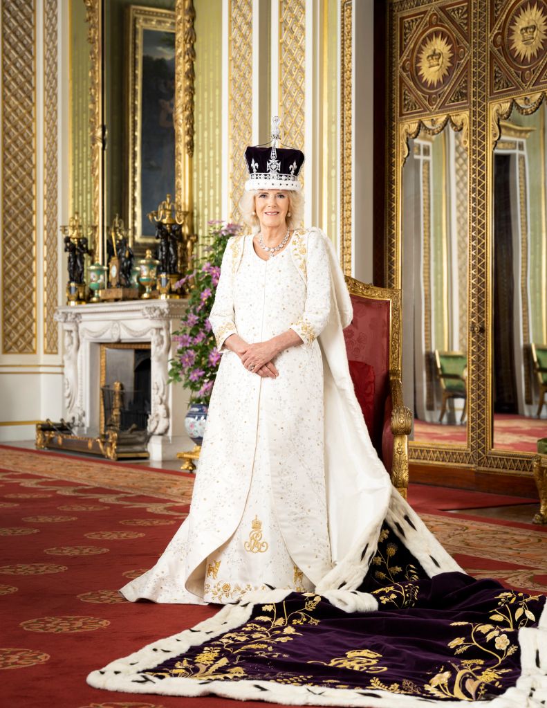 Queen Camilla, 75, was photographed in the palace's Green Drawing Room wearing Queen Mary's Crown and Robe of Estate.