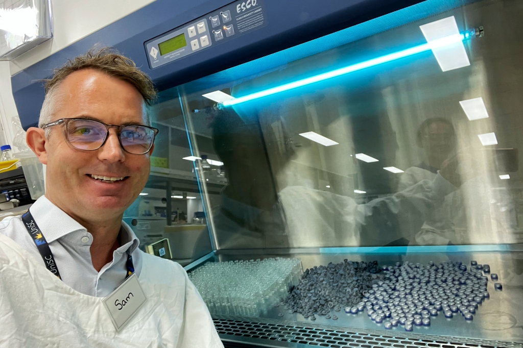 Samuel Phillips takes a selfie in the Laboratory while making UniSC Koala Chlamydia vaccine doses for wildlife vaccine trials at the University of the Sunshine Coast in Sippy Downs, Queensland, Australia.
