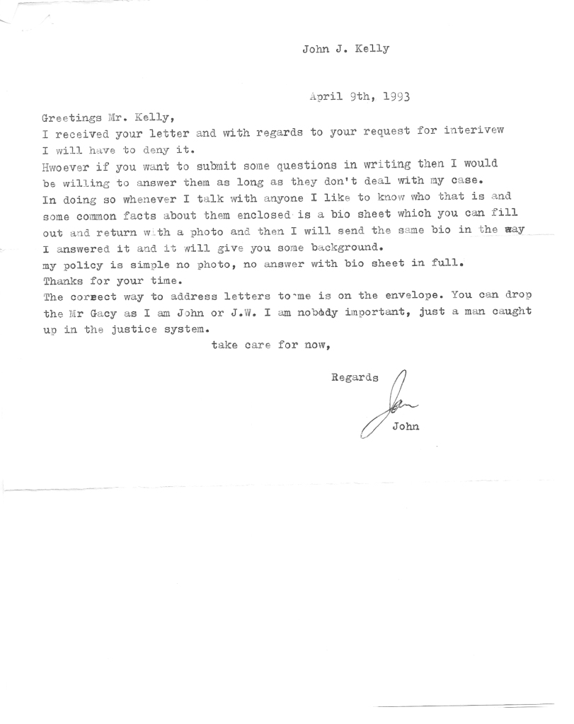 Gacy's letter to Kelly.