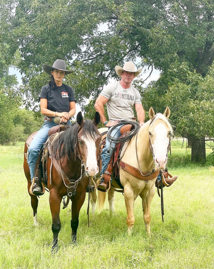 Taylor Sheridan and wife Nicole Muirbrook maybe pictured on their Bosque Ranch, according to the caption