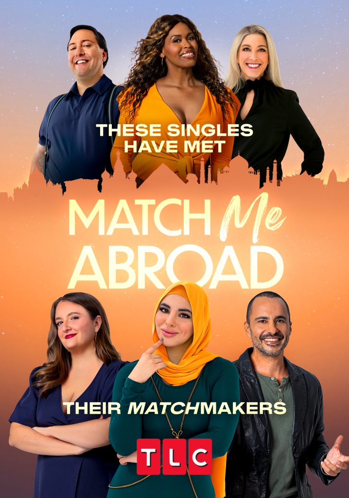 A poster for "Match Me Abroad" with photos of the singles smiling next to  the show logo. 