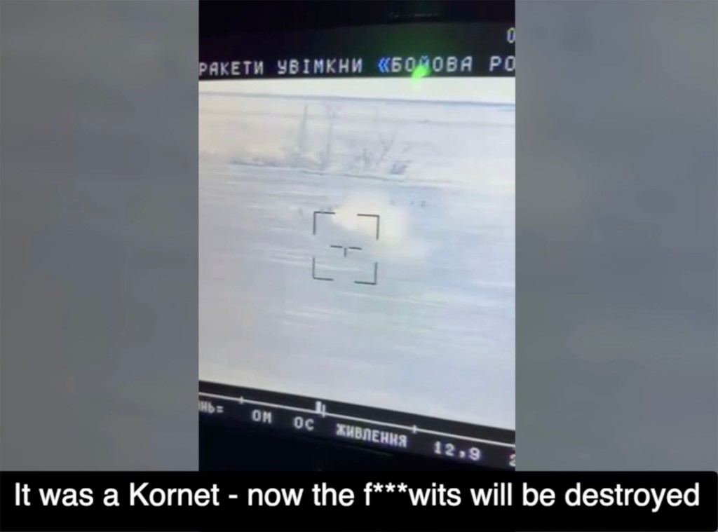 A Russian "Kornet" anti-tank missile that was captured by Kyiv's forces is seen flying towards the escaping Russians.