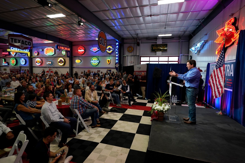 Florida Gov. Ron DeSantis speaks during a fundraising picnic for U.S. Rep. Randy Feenstra, R-Iowa, Saturday, May 13, 2023, in Sioux Center, Iowa. (AP Photo/Charlie Neibergall)