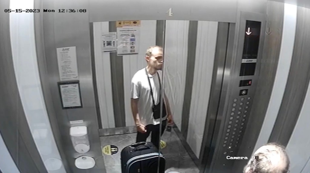 CCTV footage shows Lagoda-Filippow leaving a luxury condo building with a suitcase Monday afternoon. 