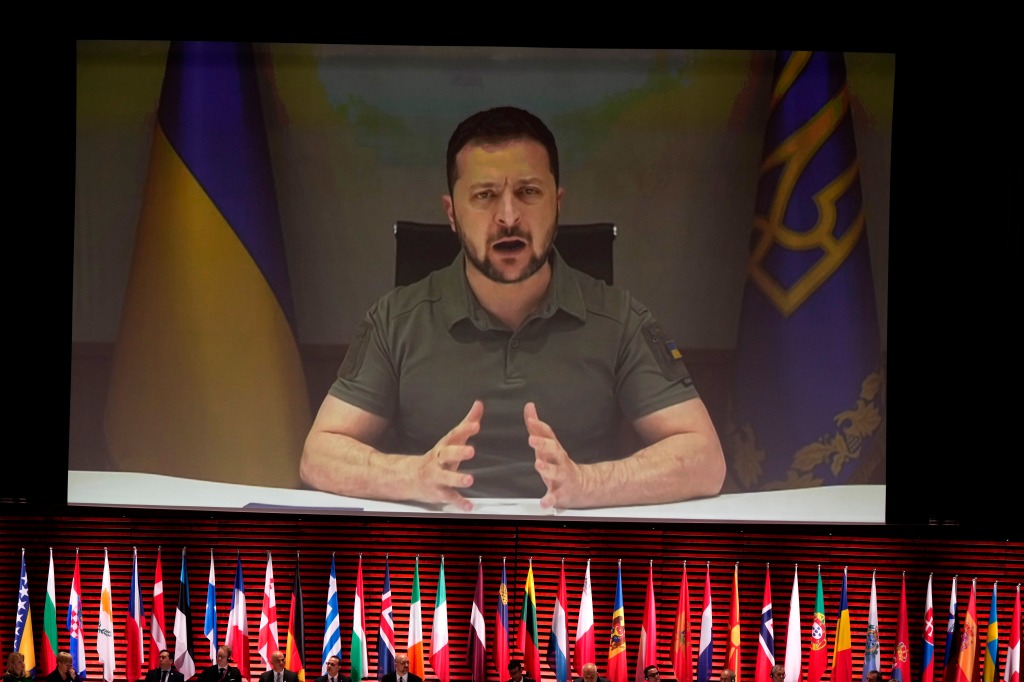 Ukraine's President Volodymyr Zelensky addresses, via videolink, the opening ceremony of the Council of Europe summit in Reykjavik, Iceland, Tuesday, May 16, 2023