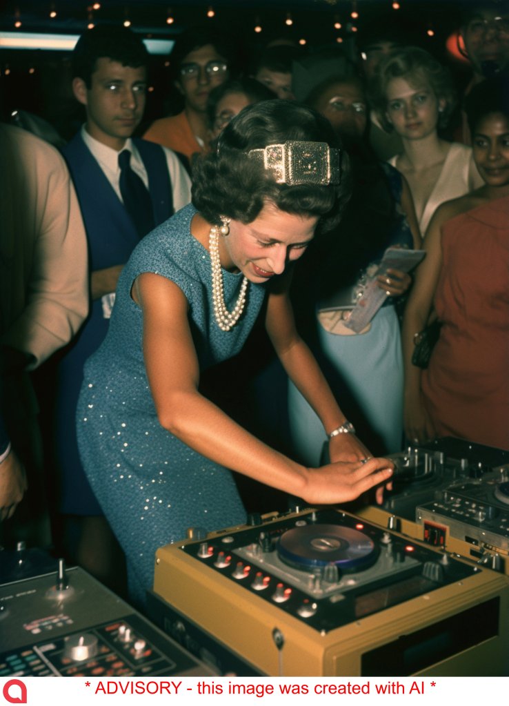 Some photos show Queen Elizabeth II spinning at the DJ booth. 