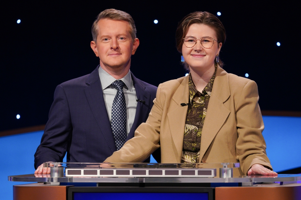 Mattea Roach, pictured here with "Jeopardy!" host Ken Jennings, is competing in the "Jeopardy! Masters" tournament.