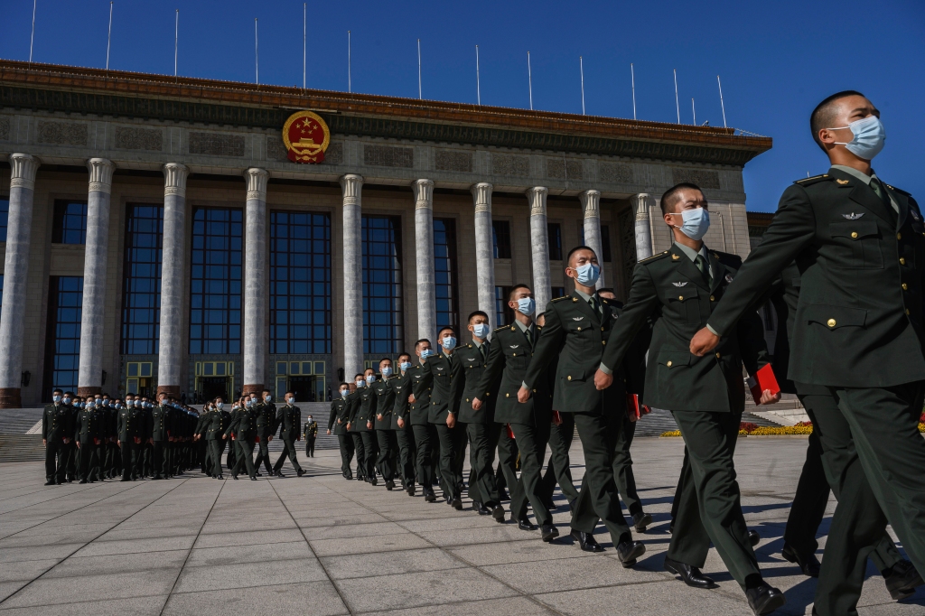 Chinese soldiers from the People's Liberation Army seen in a 2020 Beijing ceremony.