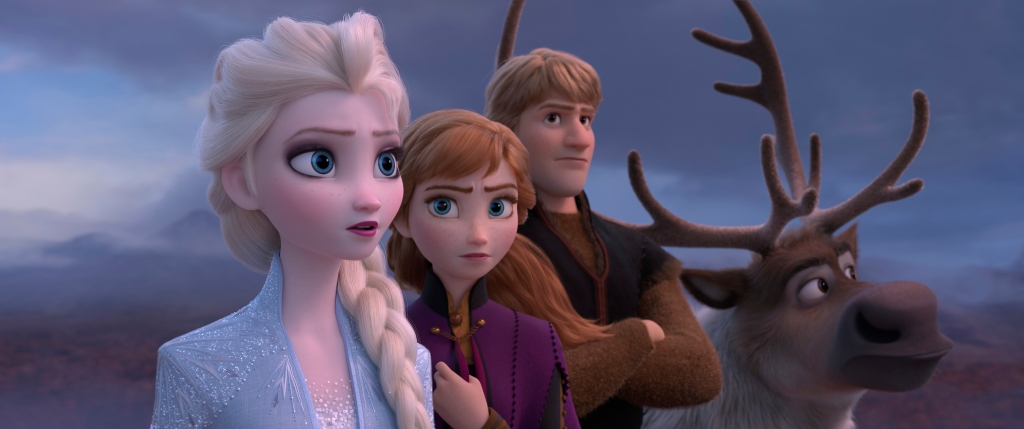 Elsa, voiced by Idina Menzel, from left, Anna, voiced by Kristen Bell, Kristoff, voiced by Jonathan Groff and Sven in a scene from Frozen 2.