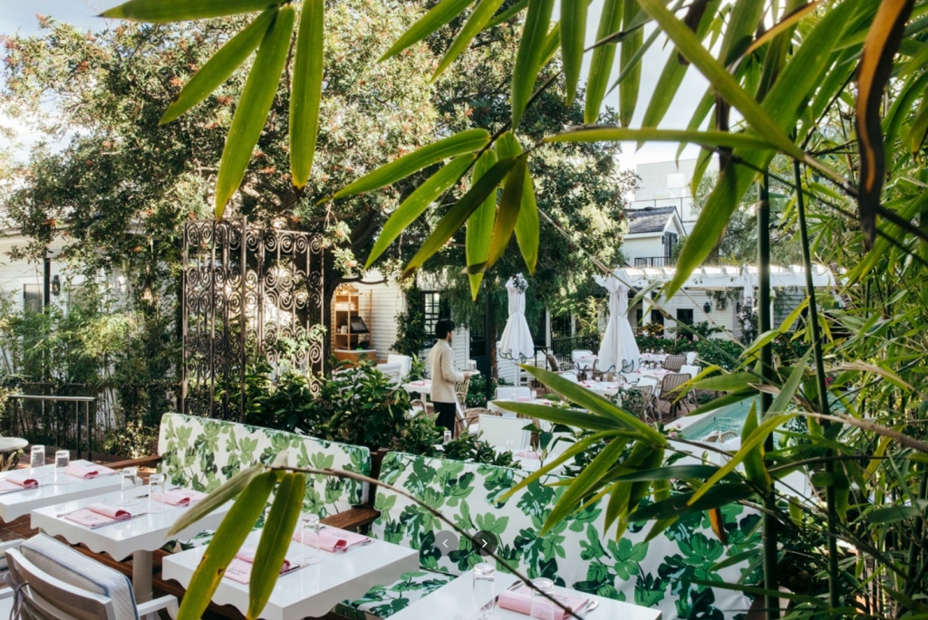 Lush greenery outside the private club.