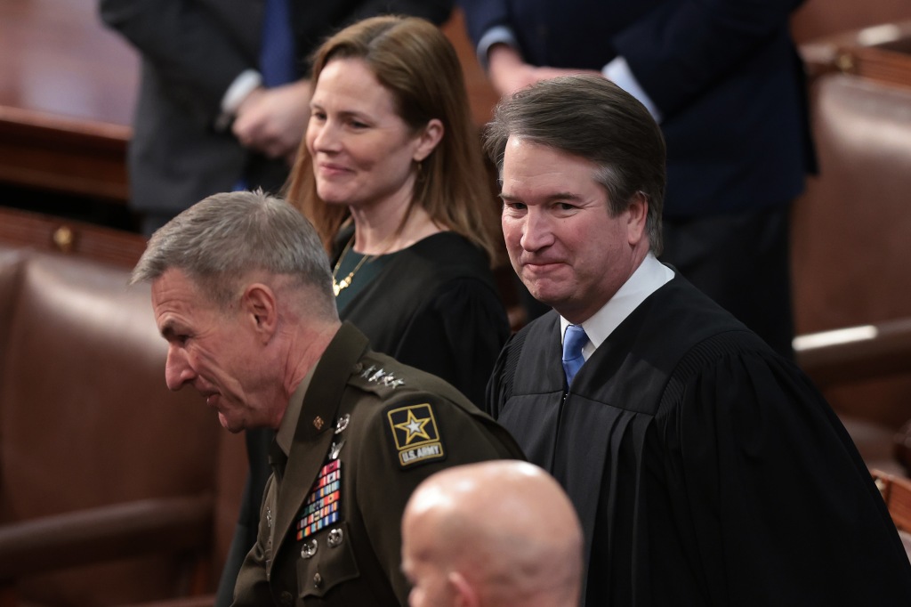 Barrett, middle, replaced the late Justice Ruth Bader Ginsburg in 2020, and Kavanaugh, right, replaced retiring Justice Anthony Kennedy two years before.