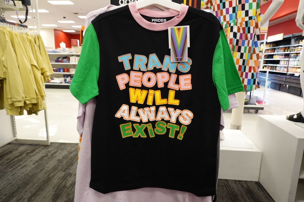 Some of the items include T-shirts with rainbow motifs and a "tuck-friendly women's swimsuit that allows adult trans women to hide their genitalia. 