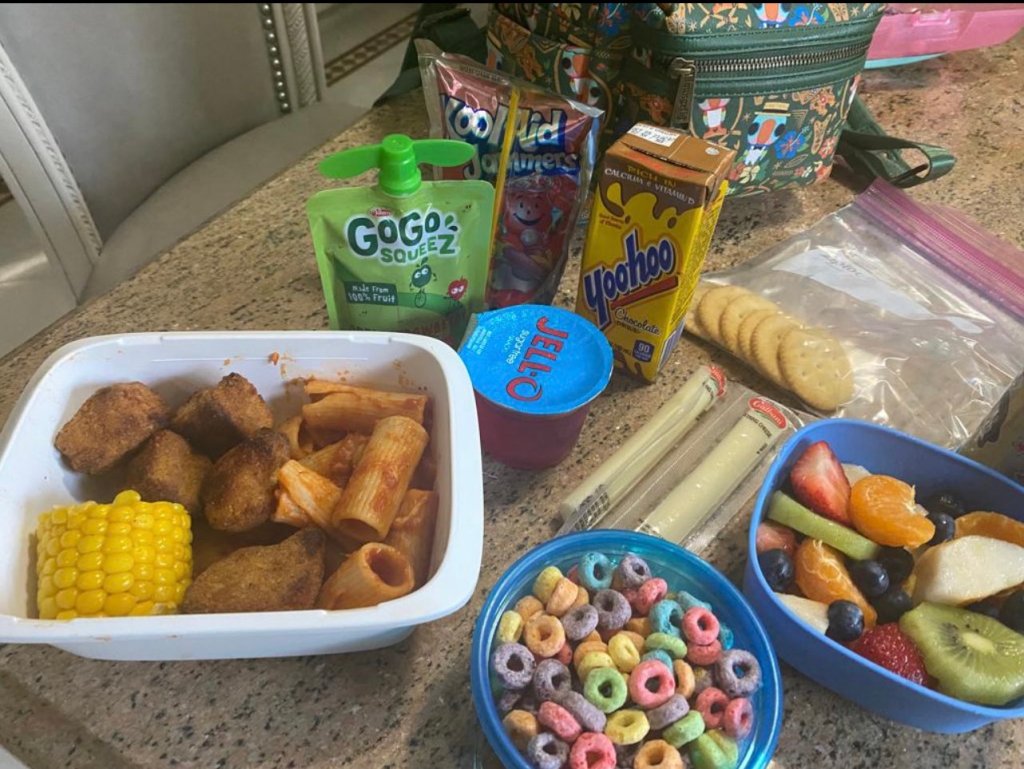 The spread included chicken nuggets, chocolate milk, and Fruit Loops cereal. 