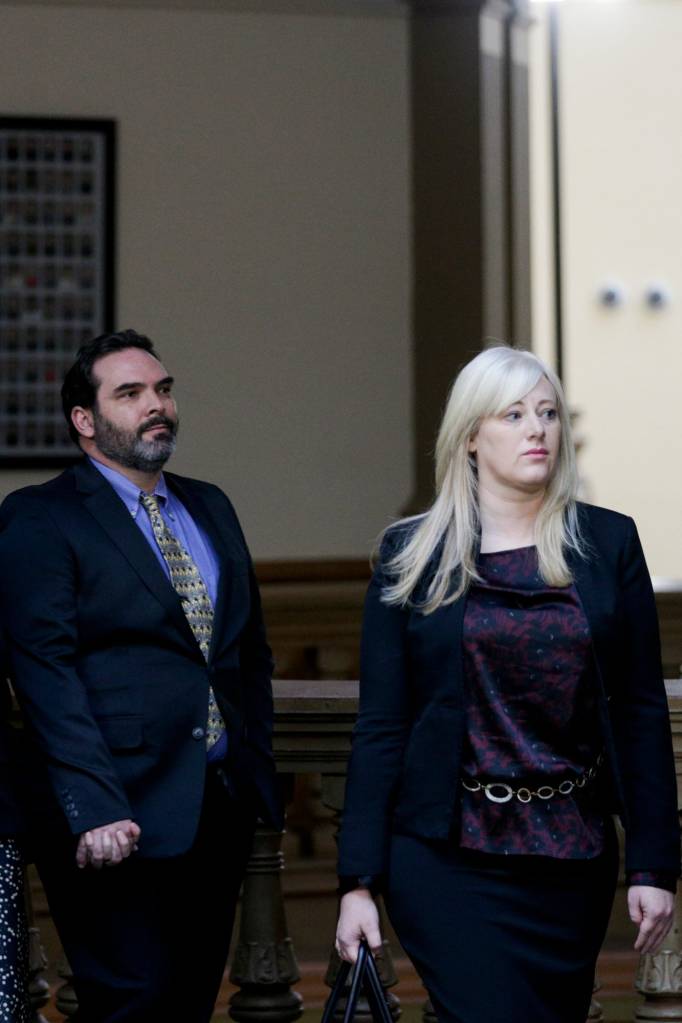 Michael Barnett (left) and Kristine Barnett walking out of court in Lafayette, Indiana.