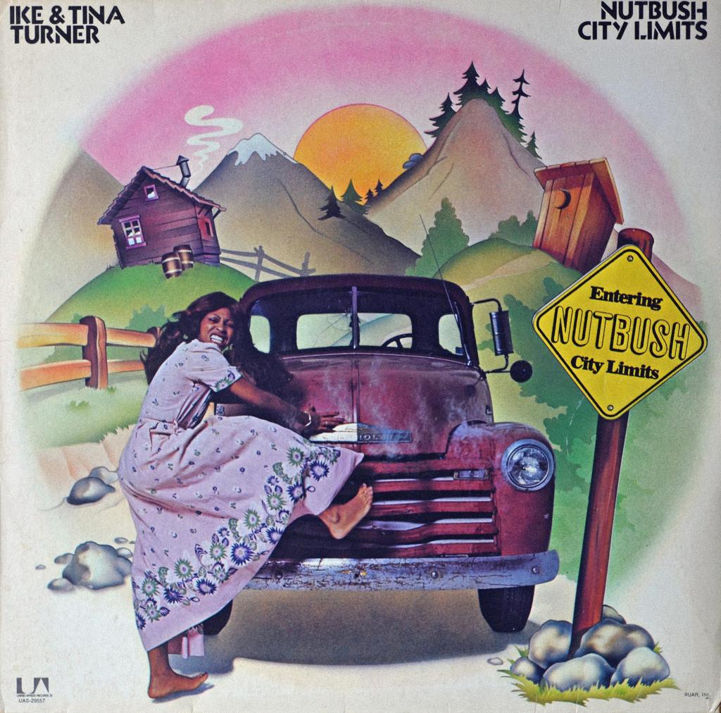 Vinyl cover art for "Natbush City Limits" depicting a cartoon Tina hoping on a truck with the city limits sign to her right