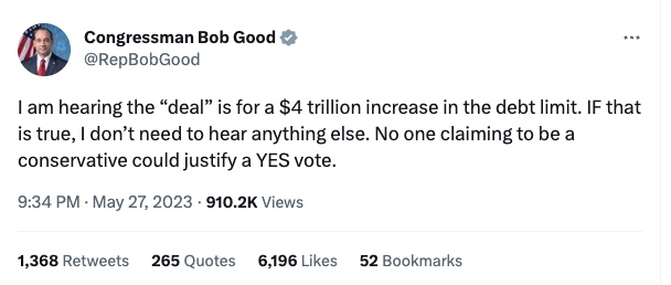 Fellow congressman Bob Good echoed calls to vote no on the debt ceiling. 