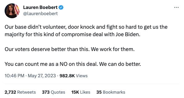 Rep. Lauren Boebert said that Republican voters would not accept the compromise with Joe Biden. 