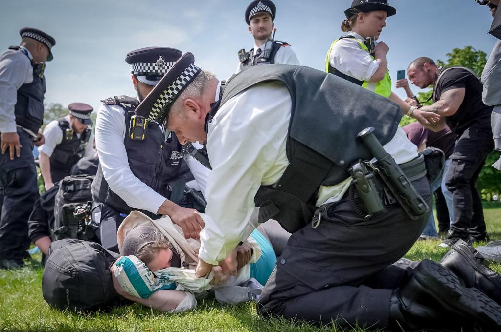 Police pin someone to the ground.