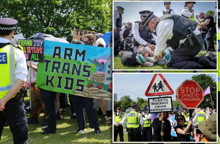 Activists hold disturbing ‘arm trans kids’ banner at UK rally