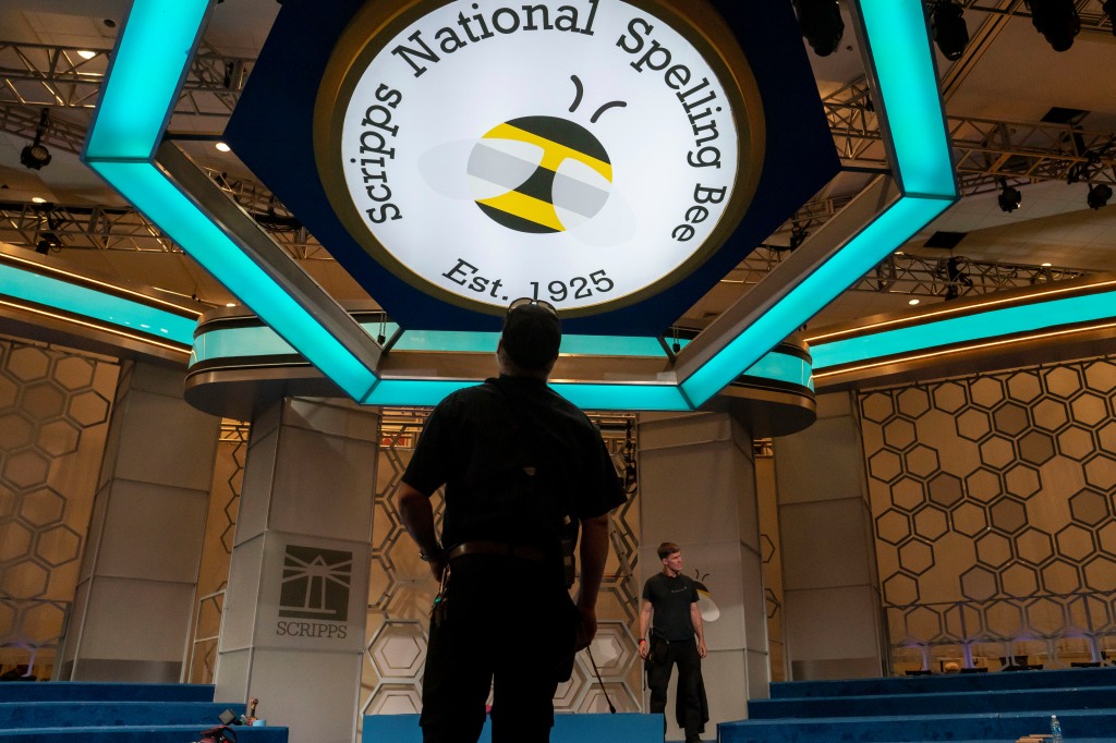 Crew members assemble the main stage ahead of the 2023 Scripps Nations Spelling Bee over the weekend.