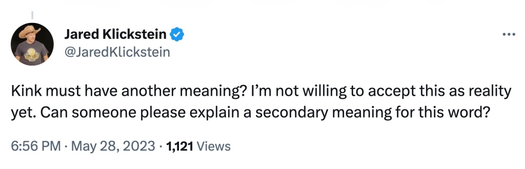 A tweet reading "Kink must have another meaning? I’m not willing to accept this as reality yet. Can someone please explain a secondary meaning for this word?"