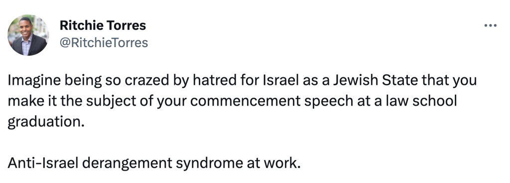 A tweet from US House Representative Ritchie Torres, a Democrat from New York City, condemning the vitriolic speech in a tweet